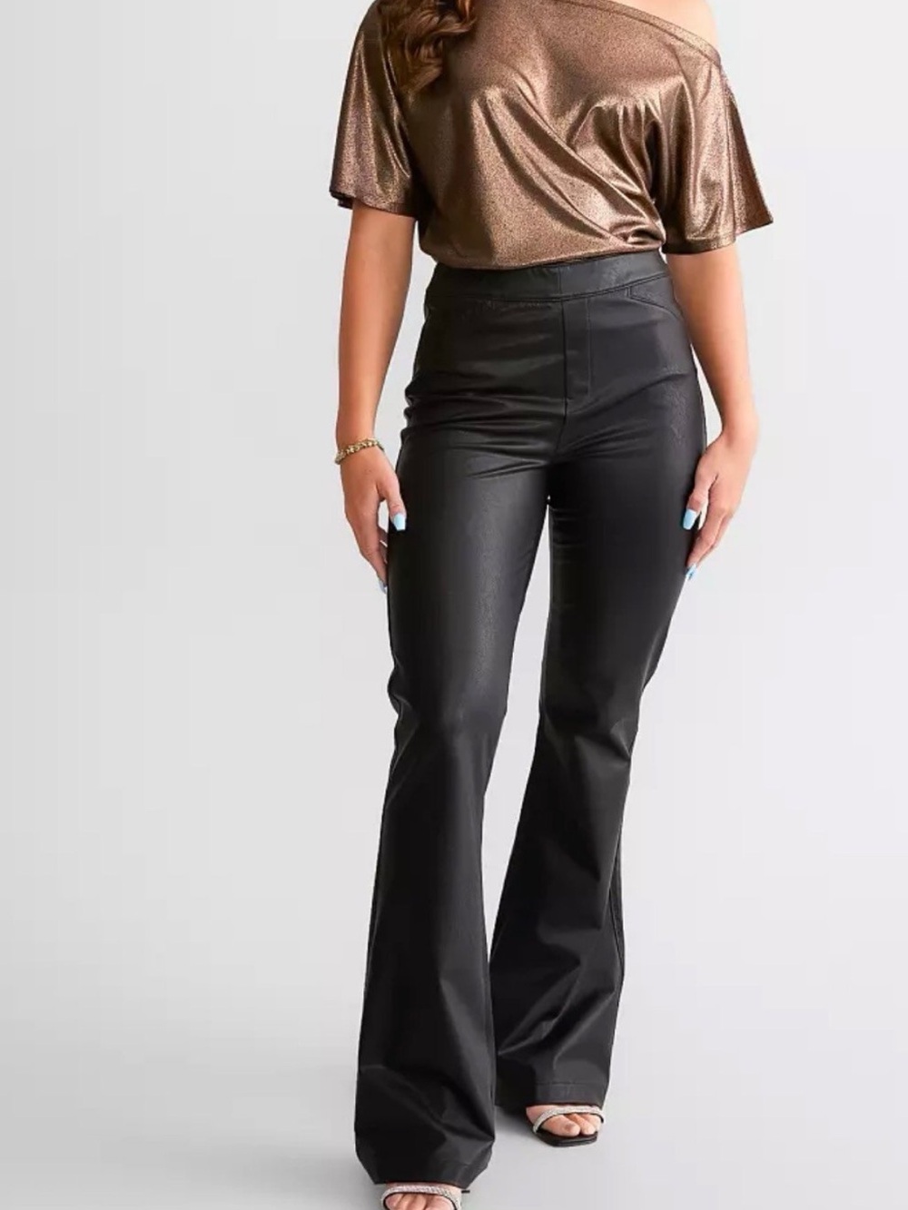 Buckle Black Faux Leather Flare Pants